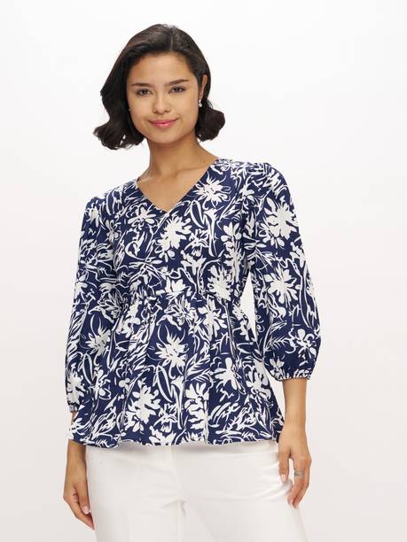 AASK Casual Puff Sleeves Floral Print, Printed Women Dark Blue Top