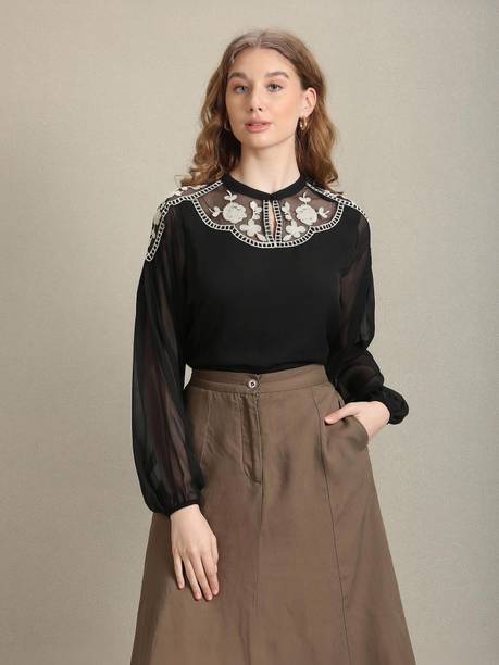 Casual Regular Sleeves Embroidered Women Black, White Top