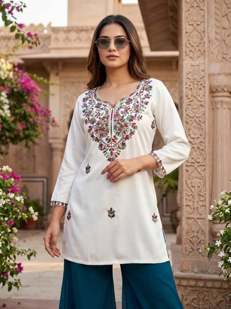 KALAVRUNDA Casual Embroidered Women White Top