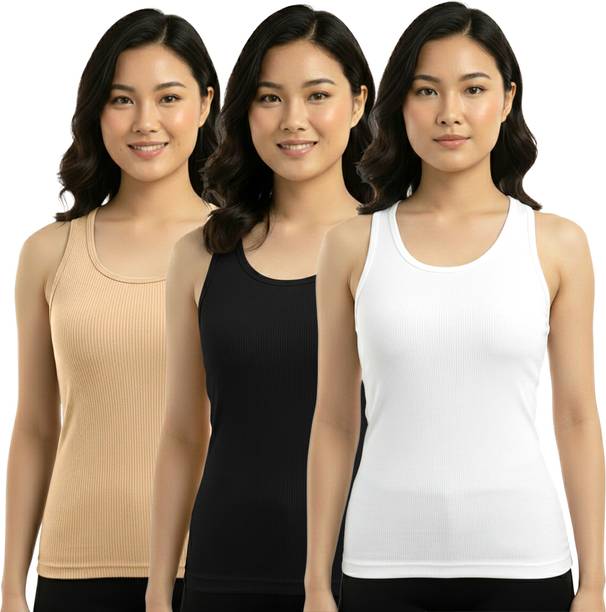 Pack of 3 Casual Sleeveless Solid Women Beige, Black, White Top
