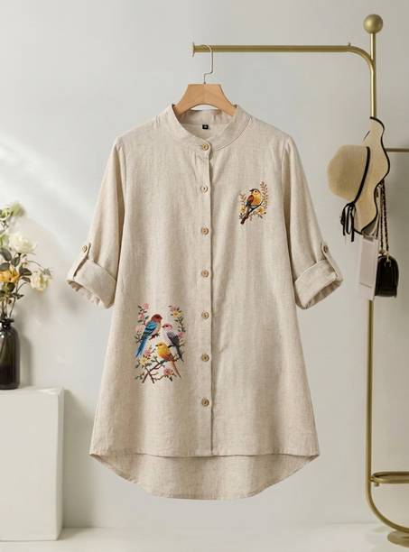 Casual Roll Up Sleeves Printed Women White Top