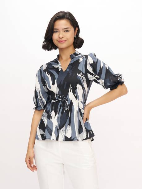 AASK Casual Puff Sleeves Printed Women Black Top