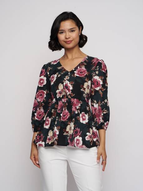 AASK Casual Puff Sleeves Floral Print Women Multicolor Top