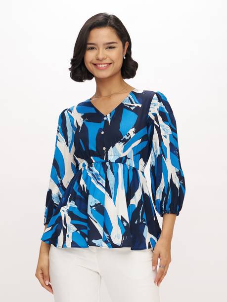 AASK Casual Puff Sleeves Floral Print Women Dark Blue Top