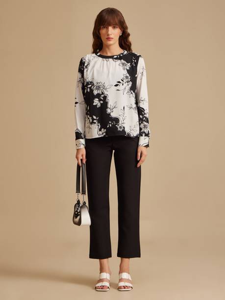 Formal Regular Sleeves Floral Print Women Black Top