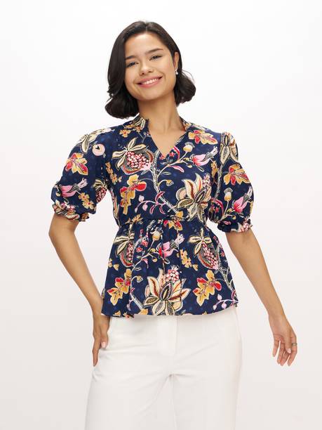 AASK Casual Puff Sleeves Floral Print, Printed Women Dark Blue Top