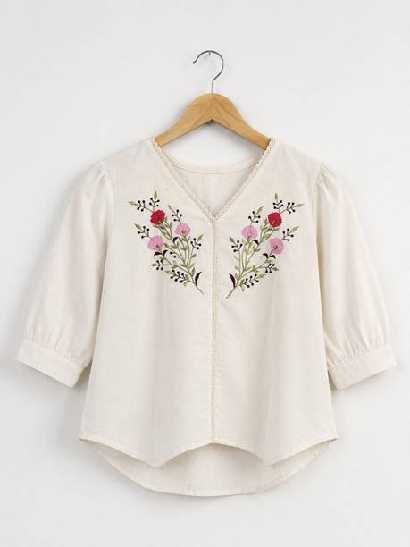 Casual Puff Sleeves Embroidered Women Beige, Red, Pink Top