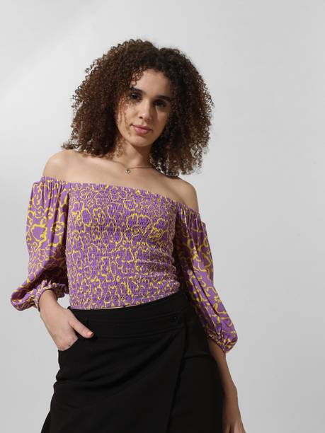 Casual Puff Sleeves Printed Women Purple, Yellow Top