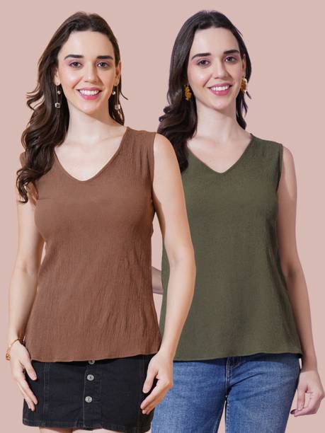 Parona Casual Solid Women Brown, Green Top