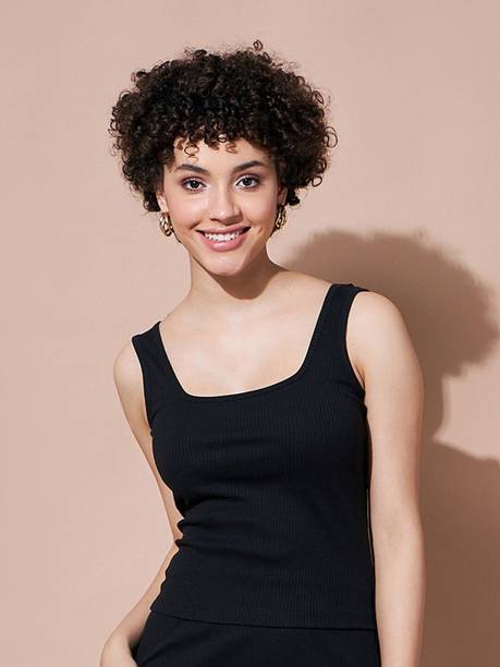 HouseOfCommon Casual Solid Women Black Top