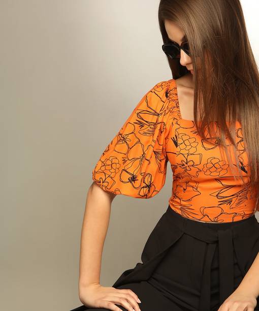 Casual Puff Sleeves Printed Women Black, Orange Top