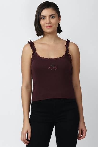 Casual Sleeveless Solid Women Maroon Top