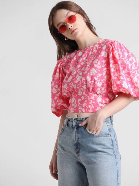 Casual Puff Sleeves Printed Women Pink, White Top