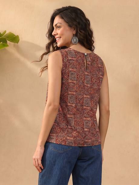 Casual Sleeveless Self Design Women Red Top