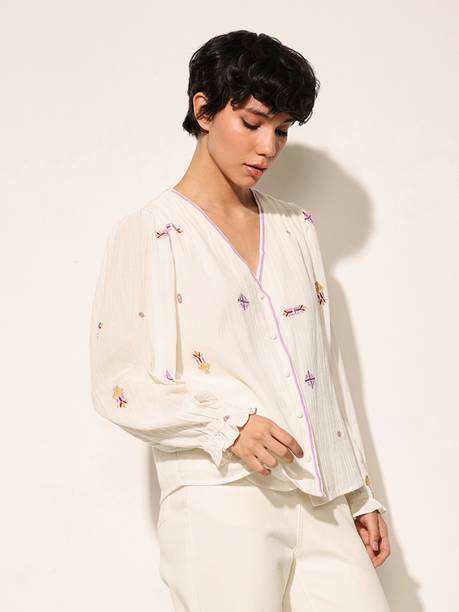 Casual Puff Sleeves Embroidered Women White Top