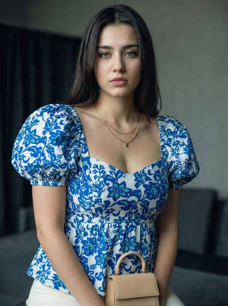 Party Puff Sleeves Floral Print Women Blue, White Top