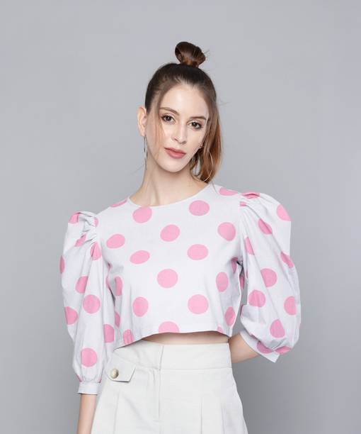 Casual Puff Sleeves Printed Women Grey Top