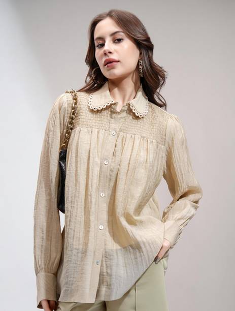 Casual Cuffed Sleeves Self Design Women Brown Top