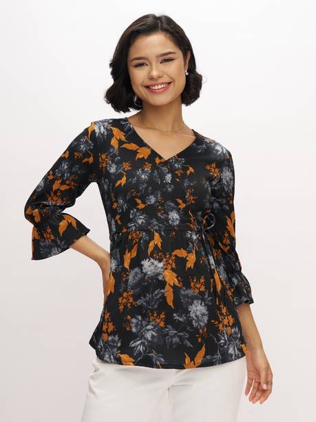 AASK Casual Puff Sleeves Printed Women Black Top