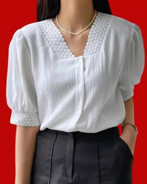 Party Puff Sleeves Self Design Women White Top