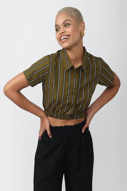 Casual Regular Sleeves Striped Women Dark Green Top