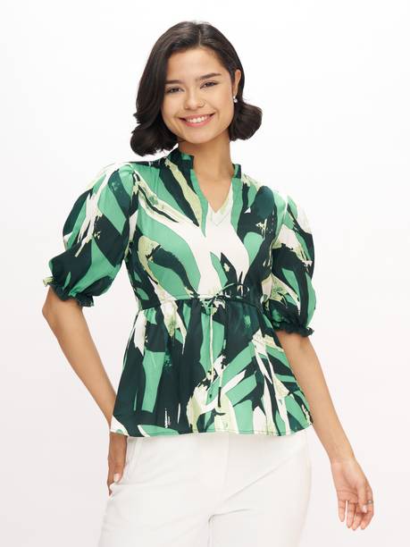 AASK Casual Puff Sleeves Printed Women Green Top