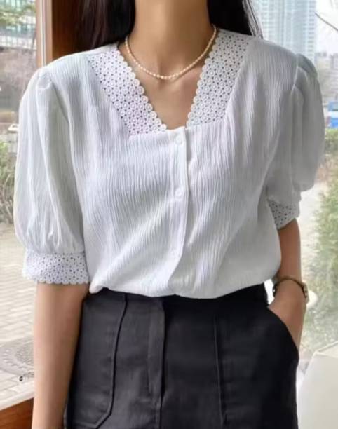 Casual Puff Sleeves Lace, Self Design Women White Top