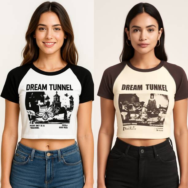 Pack of 2 Casual Raglan Sleeves Printed Women Multicolor Top