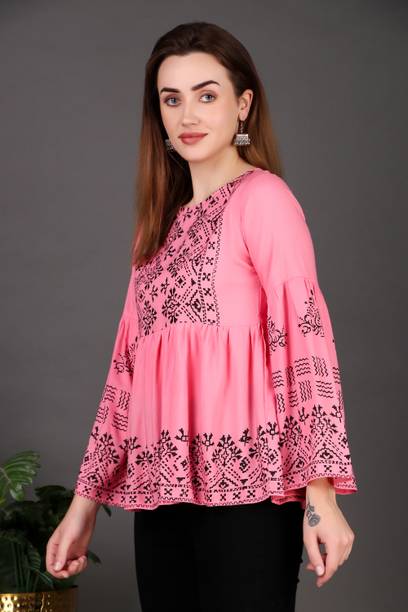 Casual Bell Sleeves Printed Women Pink Top