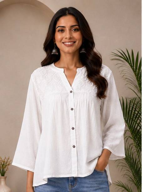 Casual Bishop Sleeve Self Design Women White Top