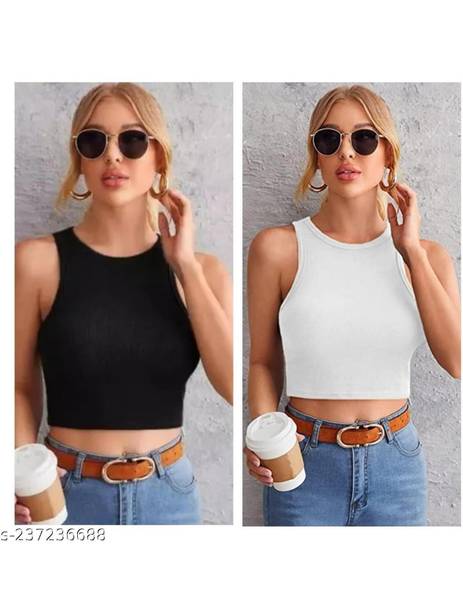 Pack of 2 Casual Sleeveless Solid Women White, Black Top