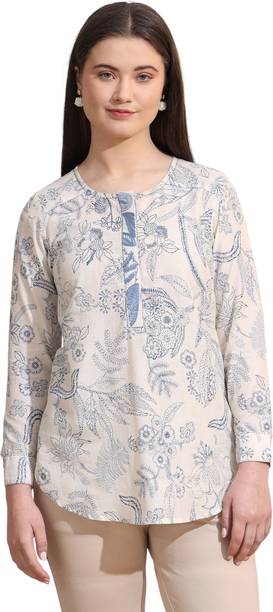 Casual Regular Sleeves Geometric Print Women White Top