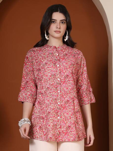 Casual Roll Up Sleeves Printed Women Pink Top