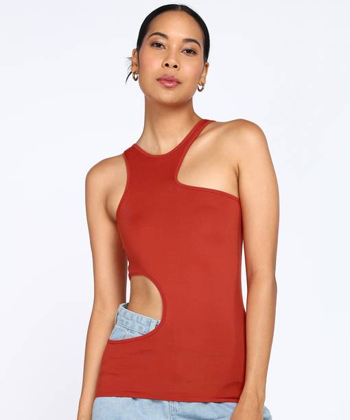 Casual Sleeveless Solid Women Red Top
