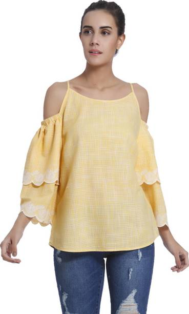 Casual Cold Shoulder Sleeves Embroidered, Graphic Print, Solid Women Yellow Top