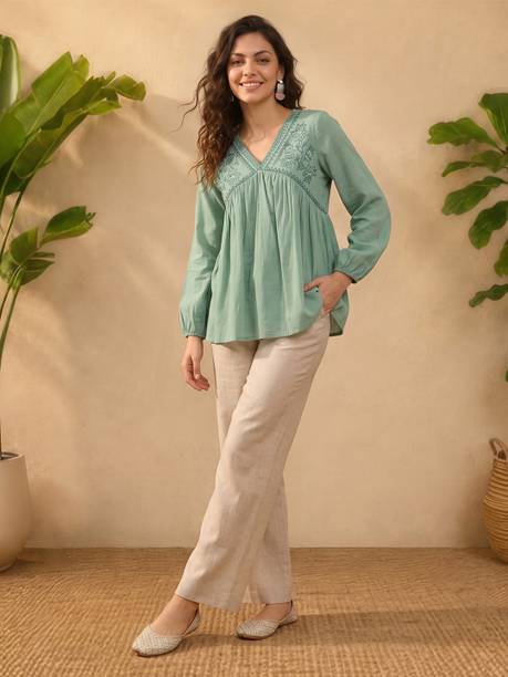 Casual Balloon Sleeve Embroidered Women Blue Top
