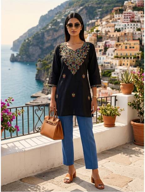 KALAVRUNDA Casual Embroidered Women Black Top
