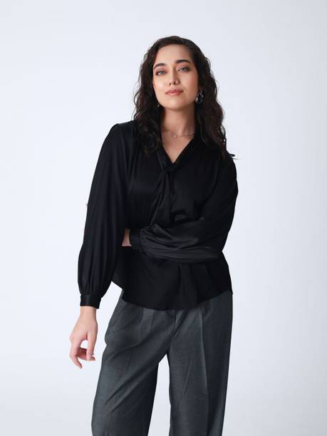 Party Regular Sleeves Solid Women Black Top