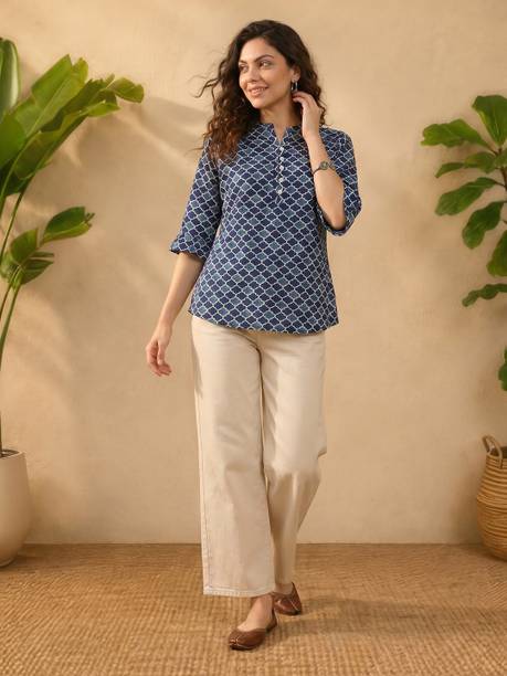 Casual Ruffled Sleeves Geometric Print Women Blue Top