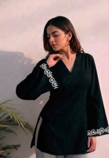 Casual Regular Sleeves Solid, Embroidered Women Black Top
