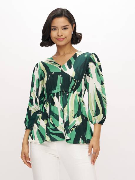 AASK Casual Puff Sleeves Floral Print Women Multicolor Top