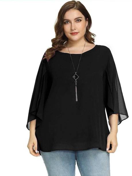 Casual Flared Sleeves Solid Women Black Top
