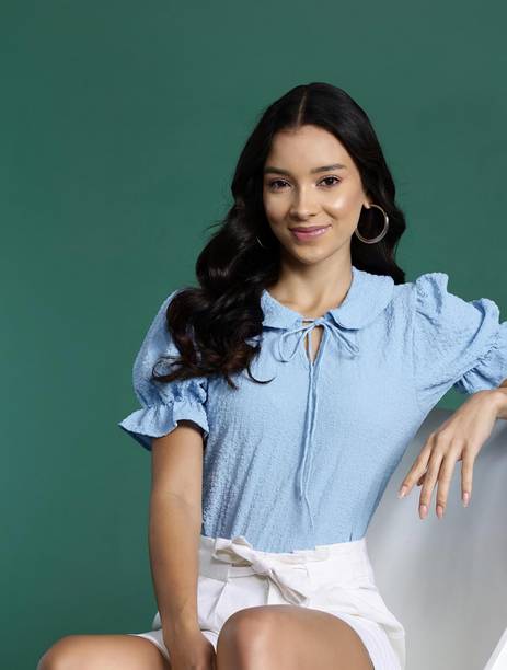 Casual Puff Sleeves Self Design Women Blue Top