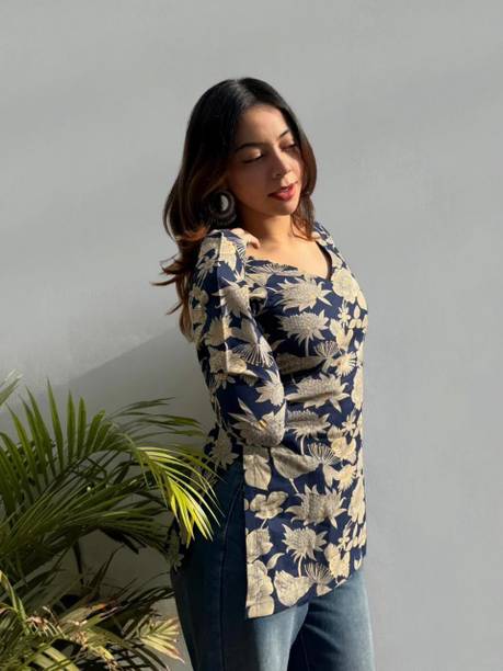 Party Regular Sleeves Printed Women Blue Top