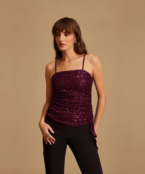 Casual Sleeveless Embellished Women Purple Top