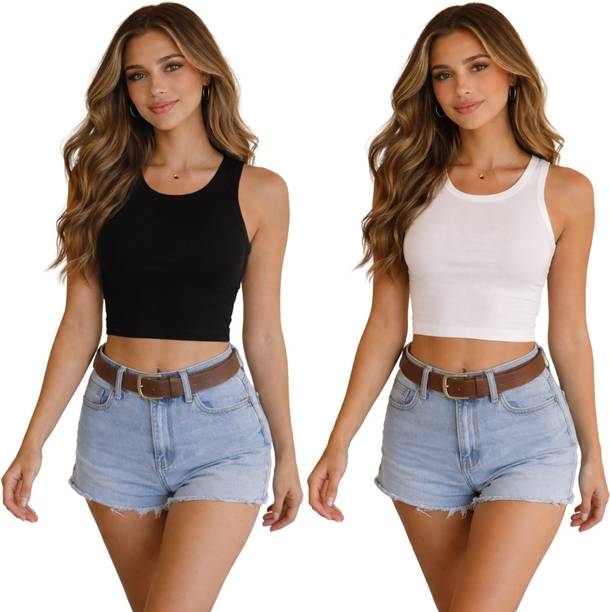 Pack of 2 Casual Sleeveless Striped Women White, Black Top