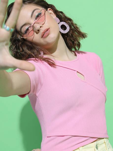 Tokyo Talkies Casual Solid Women Pink Top