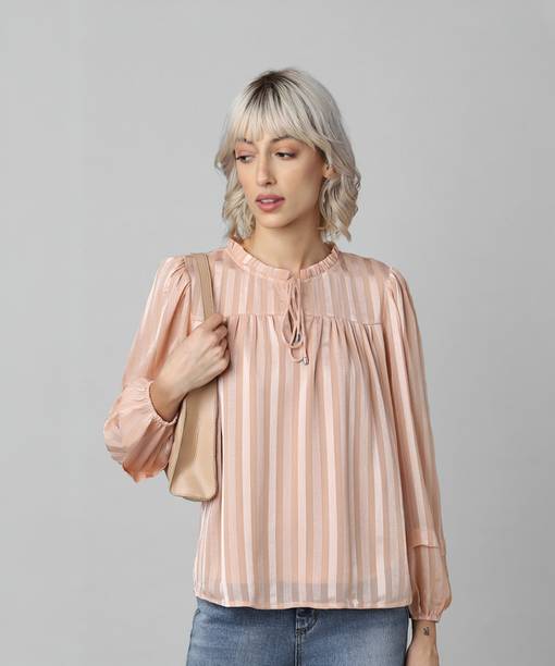 Casual Regular Sleeves Striped Women Pink Top