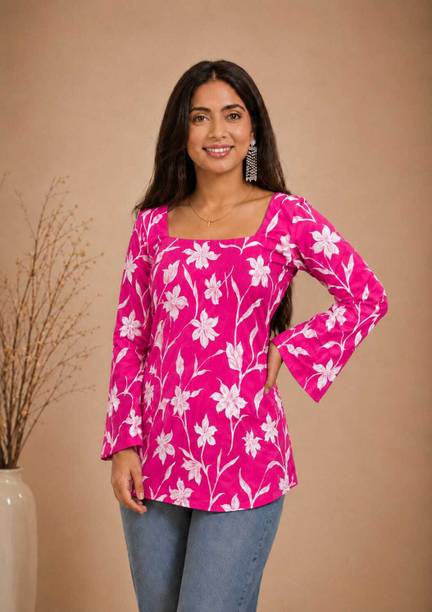 Casual Bell Sleeves Floral Print Women Pink Top