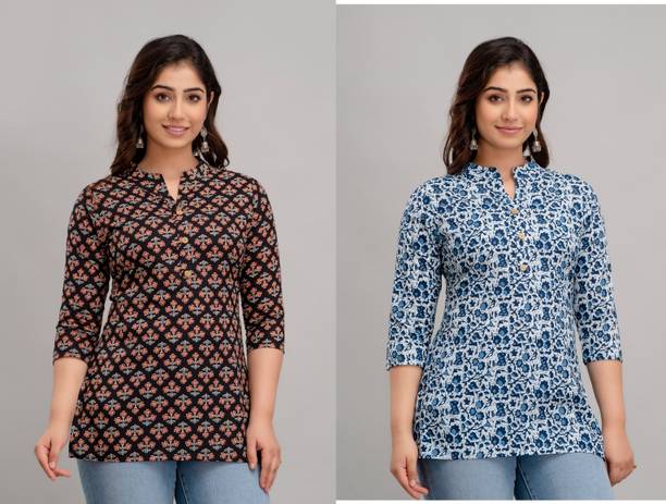Pack of 2 Casual Regular Sleeves Printed Women Black, Blue Top